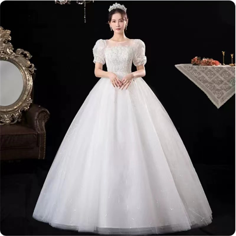 ウエディングドレス Aラインドレス エンパイアライン ブライダル 結婚式 花嫁 挙式 二次会 レディース ロングドレス シャンペン 袖あり レース プリンセスライン 撮影 編み上げ式