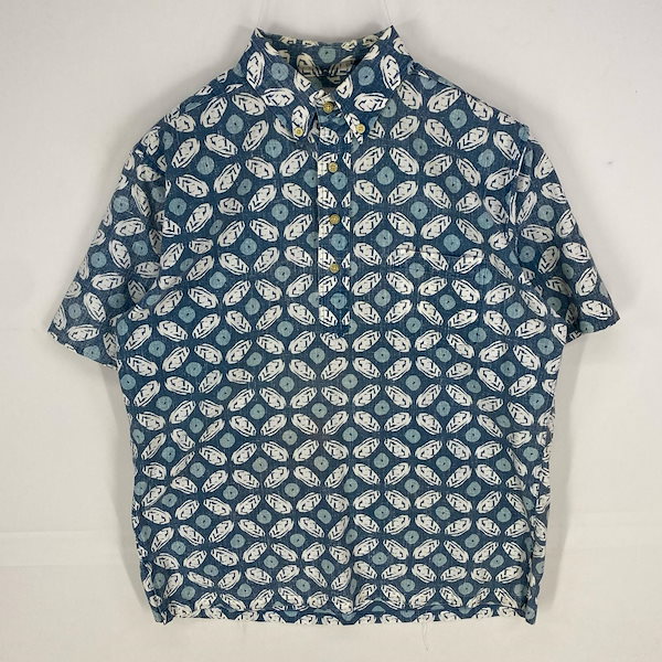 古着 90s/90年代 半袖シャツ 胸ポケット アロハシャツ M ブルー系 総柄 メンズ