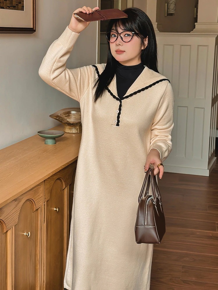 ビッグサイズの女性のカジュアルストレートルーズロングワンピース2024冬太いミリメートルネイビーカラードレス女性ニットドレス