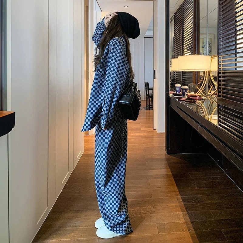 チェック柄ルーズカジュアルデニムスーツファッションスーツ女性秋2024新しいシニアの感覚ワイドパンツツーピースセット