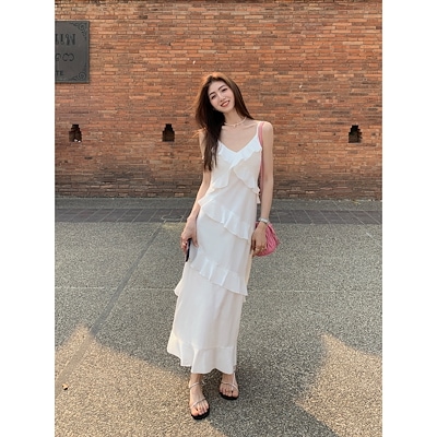 ハスの葉の縁のサスペンダーのワンピースの女性の夏の小さい大衆の気質はフォークの海辺の休暇のスカートを開けます