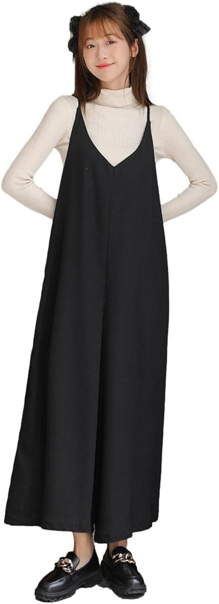 きれいめ大人サロペット 楽ちんコーデ ワイドパンツ ポケットあり シンプル カジュアル キレカジ ガーリー イージーケア JS14-BK-L( ブラック, L)