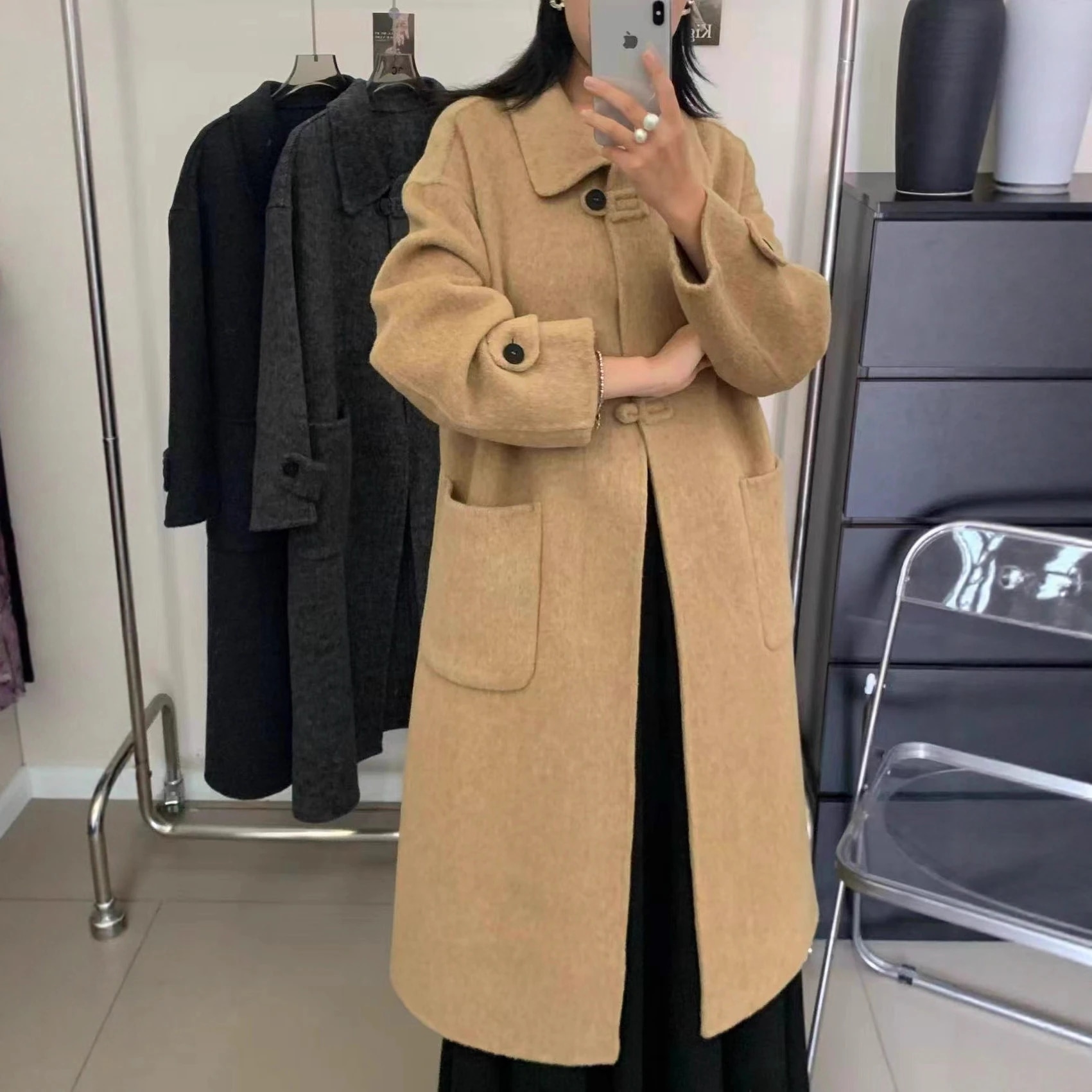 両面ウールコート レディース新作 ロングヘボン風 韓国風ゆったりウールコート