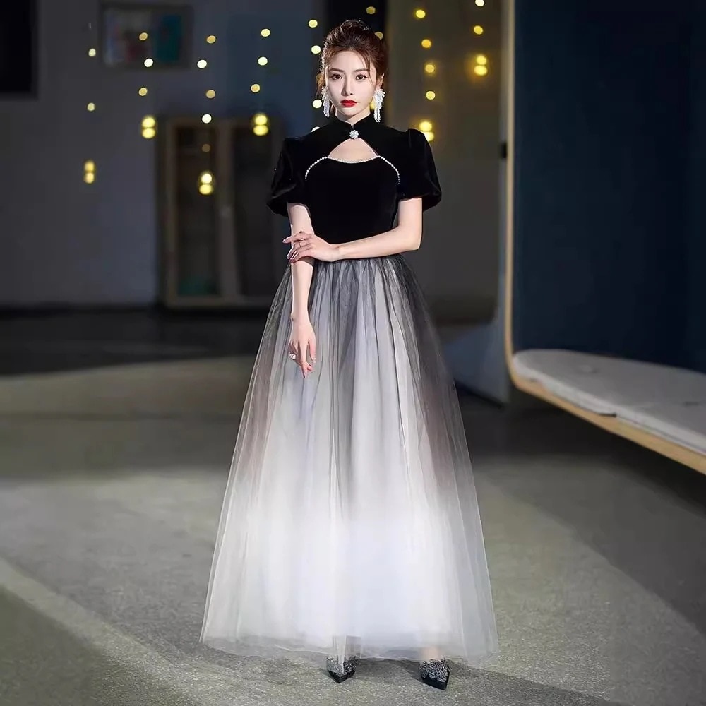 ブラックイブニングドレス2025気質宴会ドレスホストコーラスパフォーマンス服スリムスリムファッショナブルワンピースドレスその他 ワンピースドレス