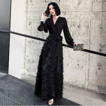 イブニングドレス ワンピース ロングスカート ロングワンピース ロング ロング丈 袖あり 長袖 Vネック カシュクール Aライン リボン ウエストマーク 快適 着心地 かわいい 大人可愛い きれいめ