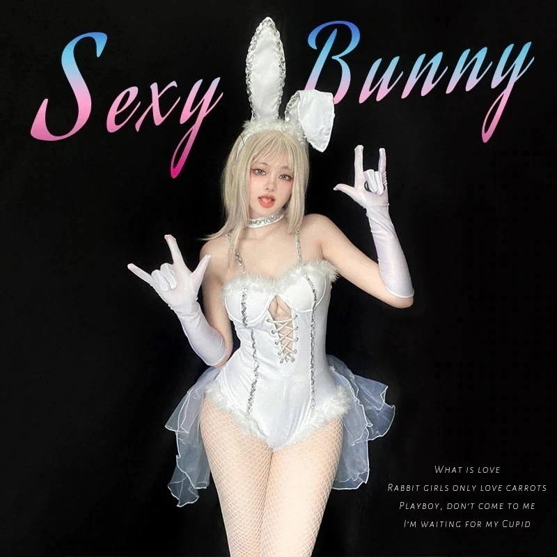 送 料 無 料ハロウィン衣装バニーガールセットクラブバーds服リードダンスウサギ匹制服の誘惑白いスーツヘアアクセサリー+ネックレス+ワンピース+手袋セット