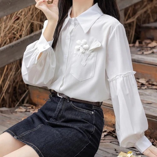 2024秋冬袖フリルギャザーフラワーブラウス65