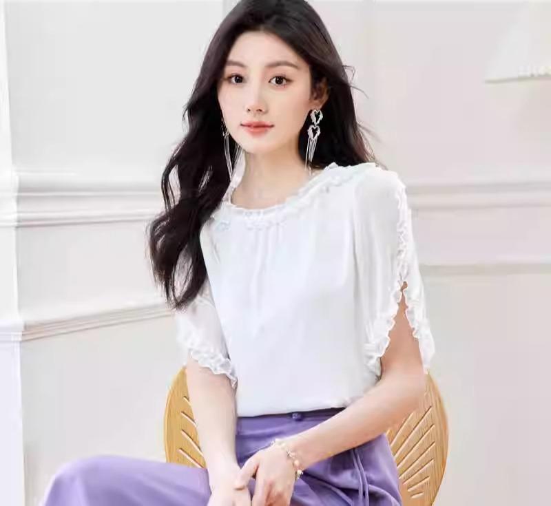 シフォンシャツ ブラウス レディース 夏 フェミニン 女性 カジュアル フリル シンプル 透け感 半袖 プルオーバー ラウンドネック 通勤 オフィス 薄手 軽量 柔らかい トップス お腹カバー スリム