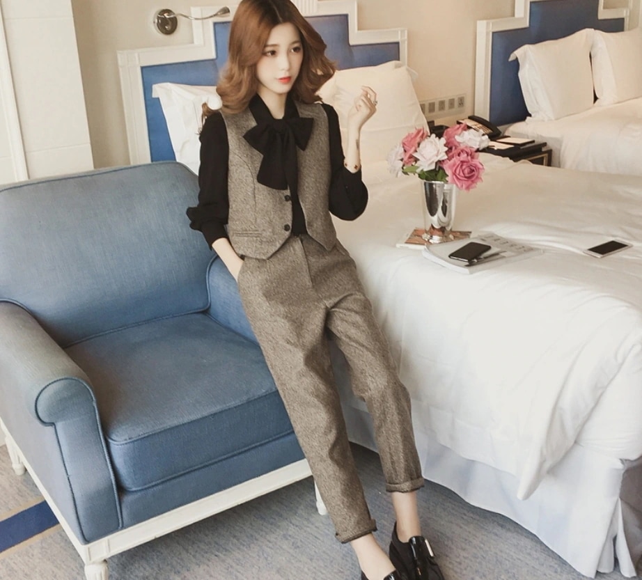 セットアップ シャツ ブラウス ベスト ズボン アンクル丈 袖あり 長袖 襟なし ストレート リボン ポケット ハイウエスト 前開き 厚手 上下セット 3点セット かわいい 大人可愛い きれいめ