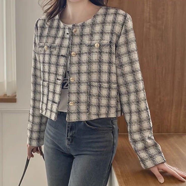 レディース ジャケット ノーカラージャケット ショート 長袖 襟なし ノーカラー ポケット 前開き コンサバ バイカラー 配色 ツイード 裏地付き 大人可愛い きれいめ カジュアル 上品 おしゃれ