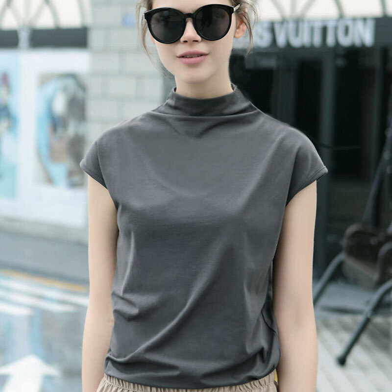 トップス Tシャツ 袖あり フレンチスリーブ ハイネック コンサバ 薄手 シンプル カジュアル 上品 かっこいい レトロ こなれ感 ラフ 都会的 クール シック ラグジュアリー 抜け感 ベーシック