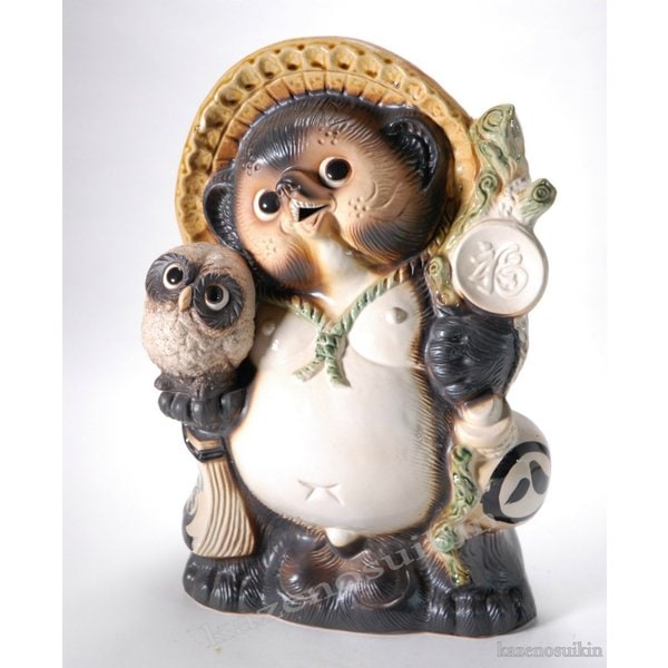 ふくろう持狸傘立　13号　（信楽焼き・陶器・傘立て・梅雨・雨・玄関・収納・B049-03）