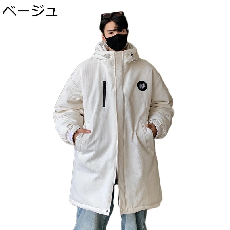 ダウンジャケット ダウンコート ベンチコート ユニセックス フード付き 保温 防寒対策 ワンポイント 腕章 カジュアル ロングコート トップス ジャケット ファッション お出かけ アウトドア