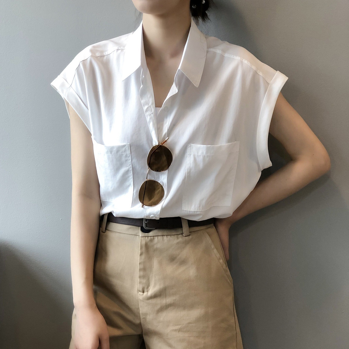 トップス シャツ ブラウス 白シャツ 白トップス ノースリーブ 襟付き かわいい 大人可愛い