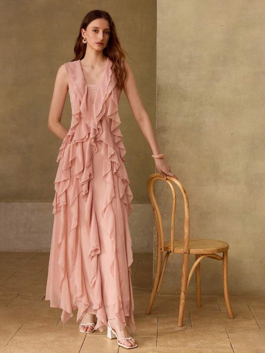 女性用エレガントなロングラッフルヘムドレス春夏