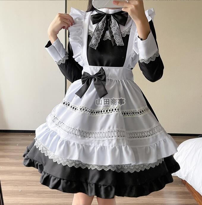 メイド服 大人 レディースワンピース長袖 メイドコス 膝丈 ショート丈 ロリータ ワンピース レディース 女装 メイドコスプレ衣装 ハロウィン コスプレ 衣装 可愛い エプロン ウエストドレス フリル