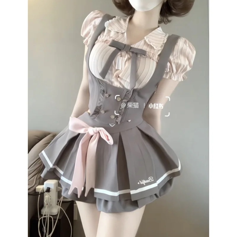 制服 ワンピース ピンク コスチューム ネイビー カレッジ ボウタイブラウス コスプレ JK ラッフルプリーツスカート