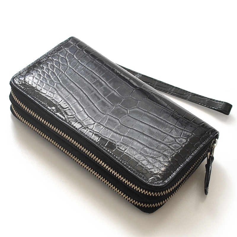 【新規OPEN】【期間限定セール】【激安】【新品未使用】本クロコダイル革　日本製　ストラップ付属　ダブルファスナー式　ラウンドロングウォレット　CWFWO-1　黒