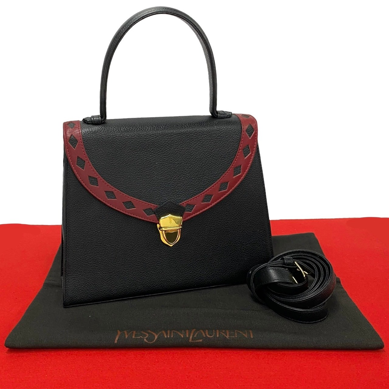 ヴィンテージ YSL ロゴ カットアウト パンチング レザーショルダーバッグ レザー ブラック 44124