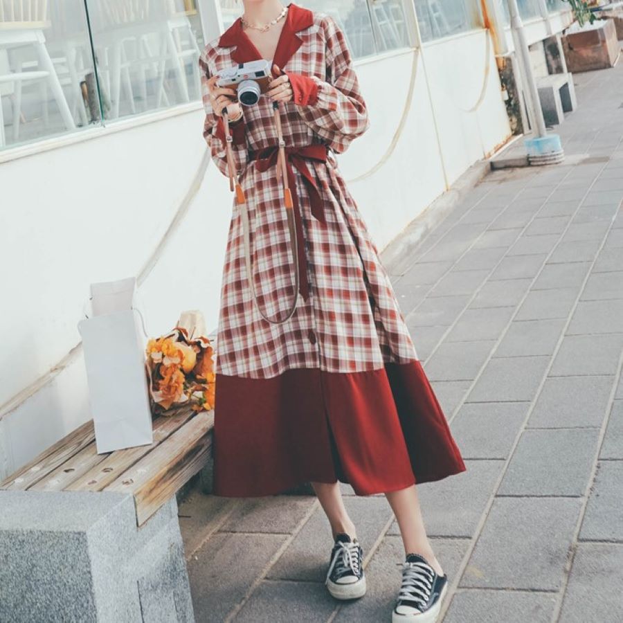 希少アイテムワンピース 長袖 春秋 コート風 プラティコドンスカート 9727