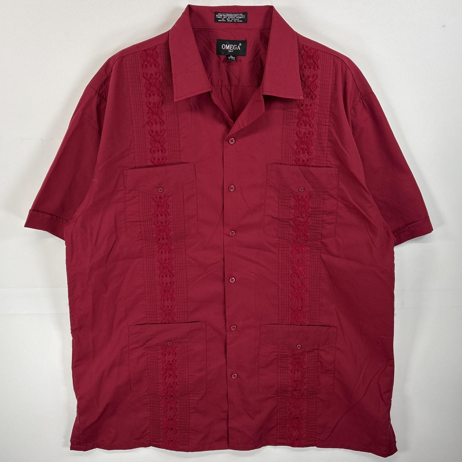 古着 半袖シャツ キューバシャツ 4つポケ 刺繍デザイン XL ワインレッド 無地 メンズ