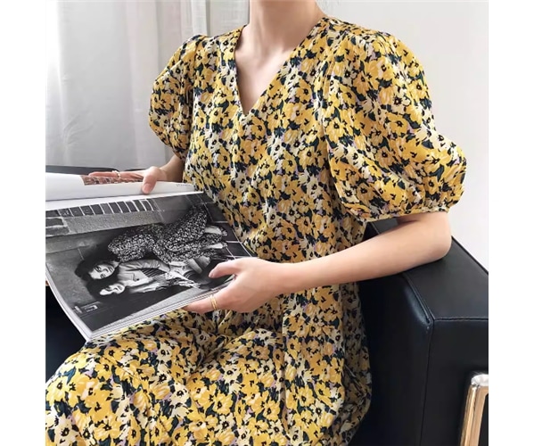 レディース ワンピース プルオーバー ミモレ ロング 半袖 ボリューム袖 Vネック フェミニン ファスナー かわいい 大人可愛い きれいめ カジュアル 上品 おしゃれ レトロ ラフ ガーリー ルーズ