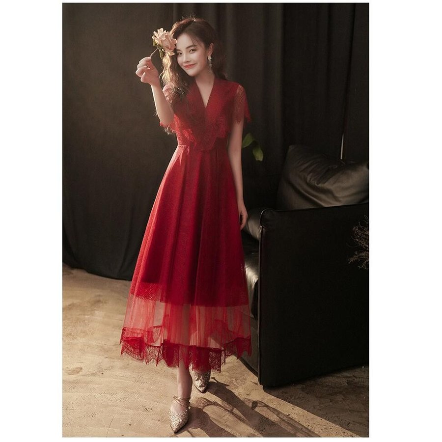 パーティードレス 結婚式 40代 30代 ミモレ丈 袖あり 韓国風 大きいサイズ フォーマルドレス