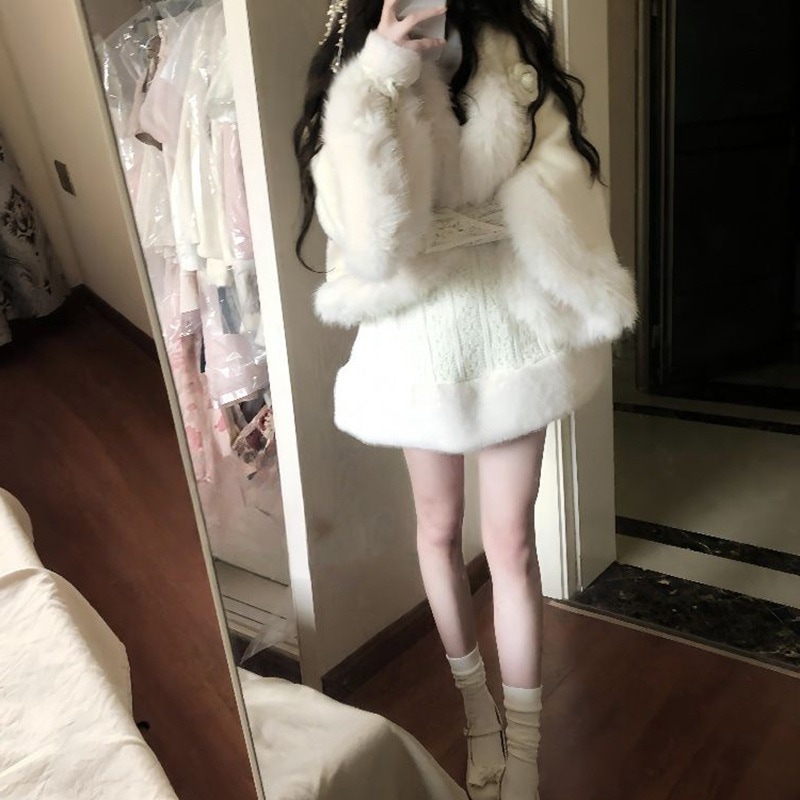 ふわふわのフレンチスタイルのエレガントなツーピーススーツ秋冬暖かいケープコート長袖ドレス