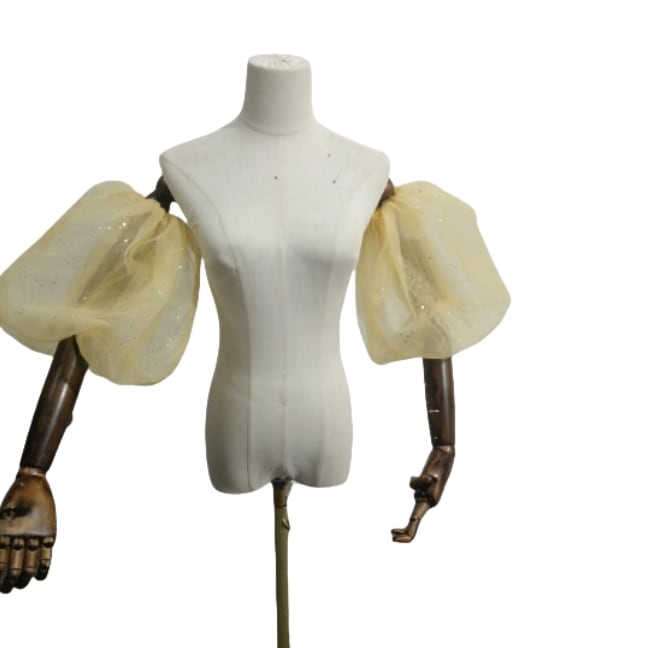 パフスリーブ イエロー キラキラチュール 取り外し袖 ストレッチ お色直し 花嫁