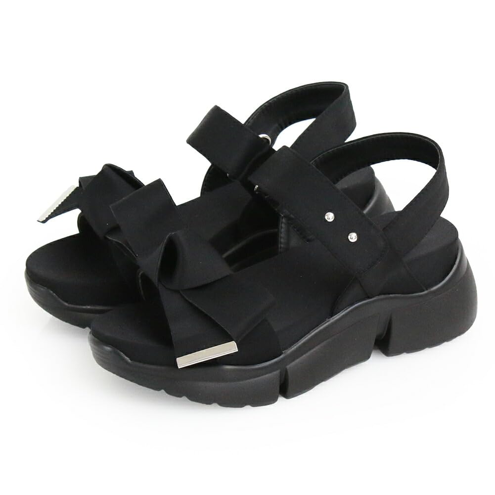 [ルームナイン] 厚底 リボン ストラップ スポーツサンダル レディース 歩きやすい 可愛い スポーティ (18014) ブラック Sサイズ