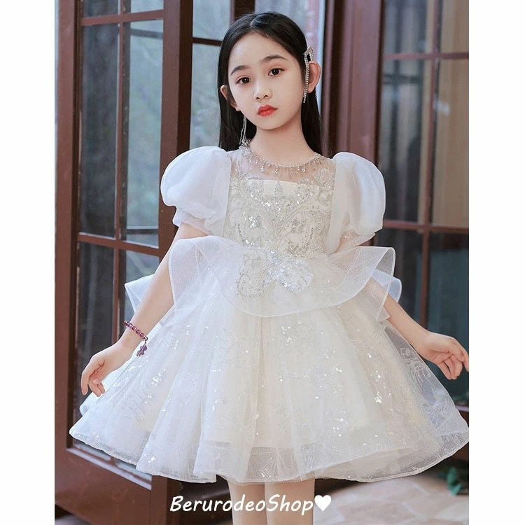 子供ドレス ショート丈 白 ホワイトドレス スパンコール キラキラ 素敵 キレイめ 女児ドレス パフスリーブ プリンセスドレス 可愛い 女の子ドレス キッズドレス 子どもドレス ラインストーン 110