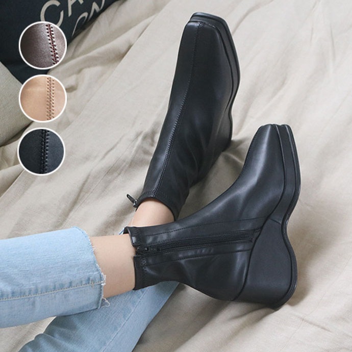 3color ファスナー付きで履き脱ぎ楽ちん シンプル, ベーシックな 無地 スクエアトゥ 厚底 ストレッチ ショートブーツ