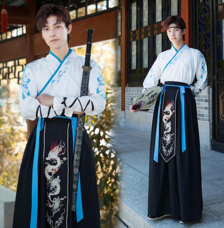 中華コスプレ衣装 メンズ 大人 漢服 唐装 中華服 チャイナドレス チャイナ服 長袖上下セット龍 刺しゅう おしゃれ 中国 古代 時代劇 侠客 コスチューム 変装 カンフー 武術 華流 舞台 ステージ