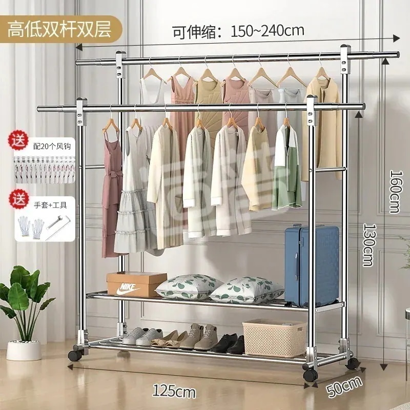 新流行 家庭用伸縮寝室ベランダハンガー 干して棚に置く 大容量 ハンガーラック 収納 収納棚新流行 洗濯物干し 棚 オールステンレスハンガー ハンガーラック 床置き縦型収納棚 室内物干し
