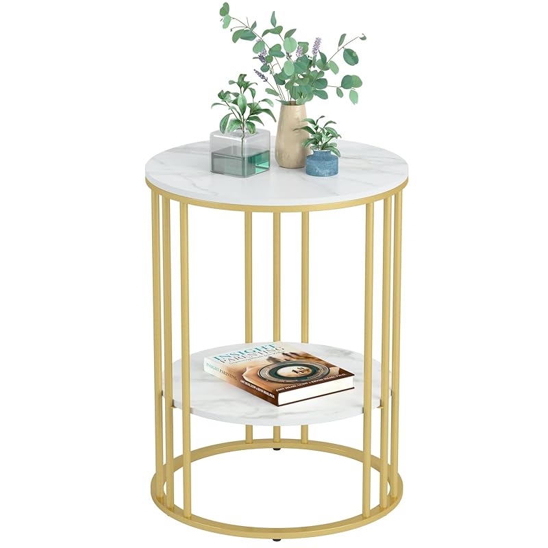 Susire サイドテーブル 大理石 丸型 収納付き ゴールド エンドテーブル モダン コーヒーテーブル 寝室 棚付き 低い ホワイト 2段 可愛い カフェテーブル ソファー用 一人暮らし ナイトテー