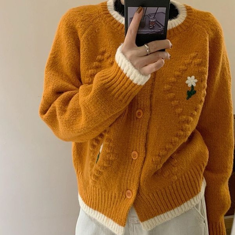 女性用ソフトワックス刺繍ショートカーディガンセーター2025秋冬怠惰なスタイルルーズショートトップニットジャケット