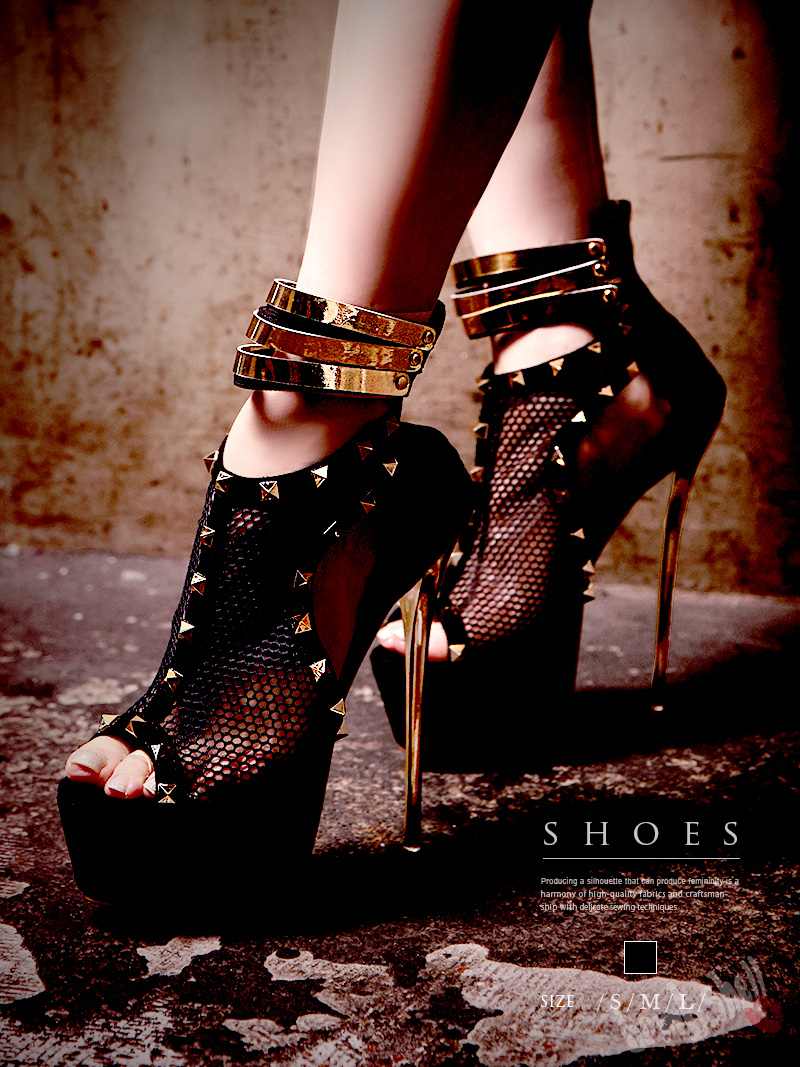 ブーツ ダンスシューズ スタッズ 黒 メッシュ ゴールドヒール ダンス衣装 ハイカット ピンヒール ゴツメ 大きいサイズ 安い bombshell 4,985円