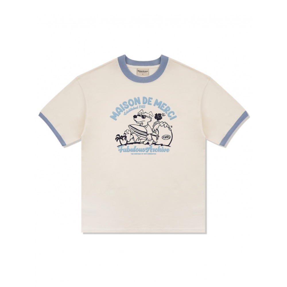 ファビュラスアーカイブユニセックスオーバーフィットパピーサーフィンリンガーショートスリーブ Tシャツクリーム (FCE2TS401M)