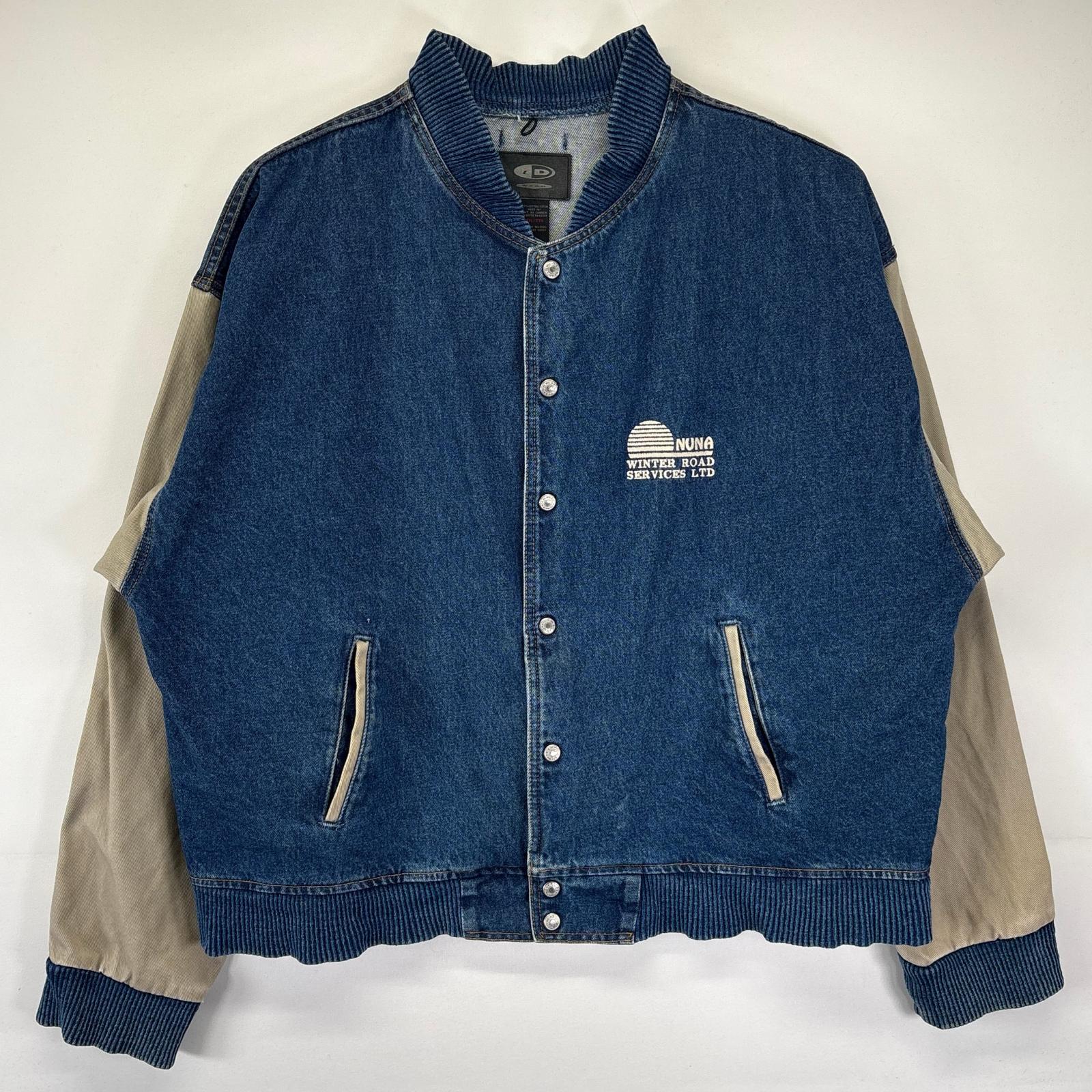 古着 アイディーウェア iD WEAR スタジャン 大きいサイズ デニム生地 企業刺繍ロゴ スナップボタン 2XL ブルー系 メンズ