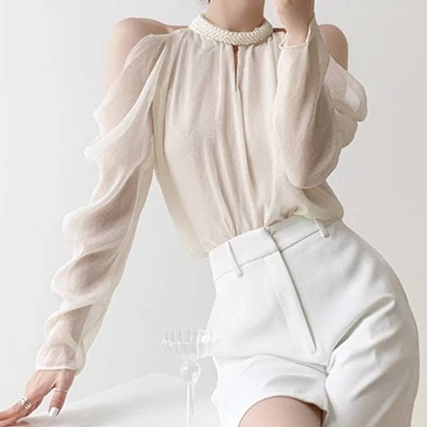 レディース トップス シャツ ブラウス 長袖 オフショルダー 透け感 シースルー 異国風 薄手 かわいい 大人可愛い きれいめ シンプル カジュアル おしゃれ かっこいい レトロ こなれ感 ラフ ガー