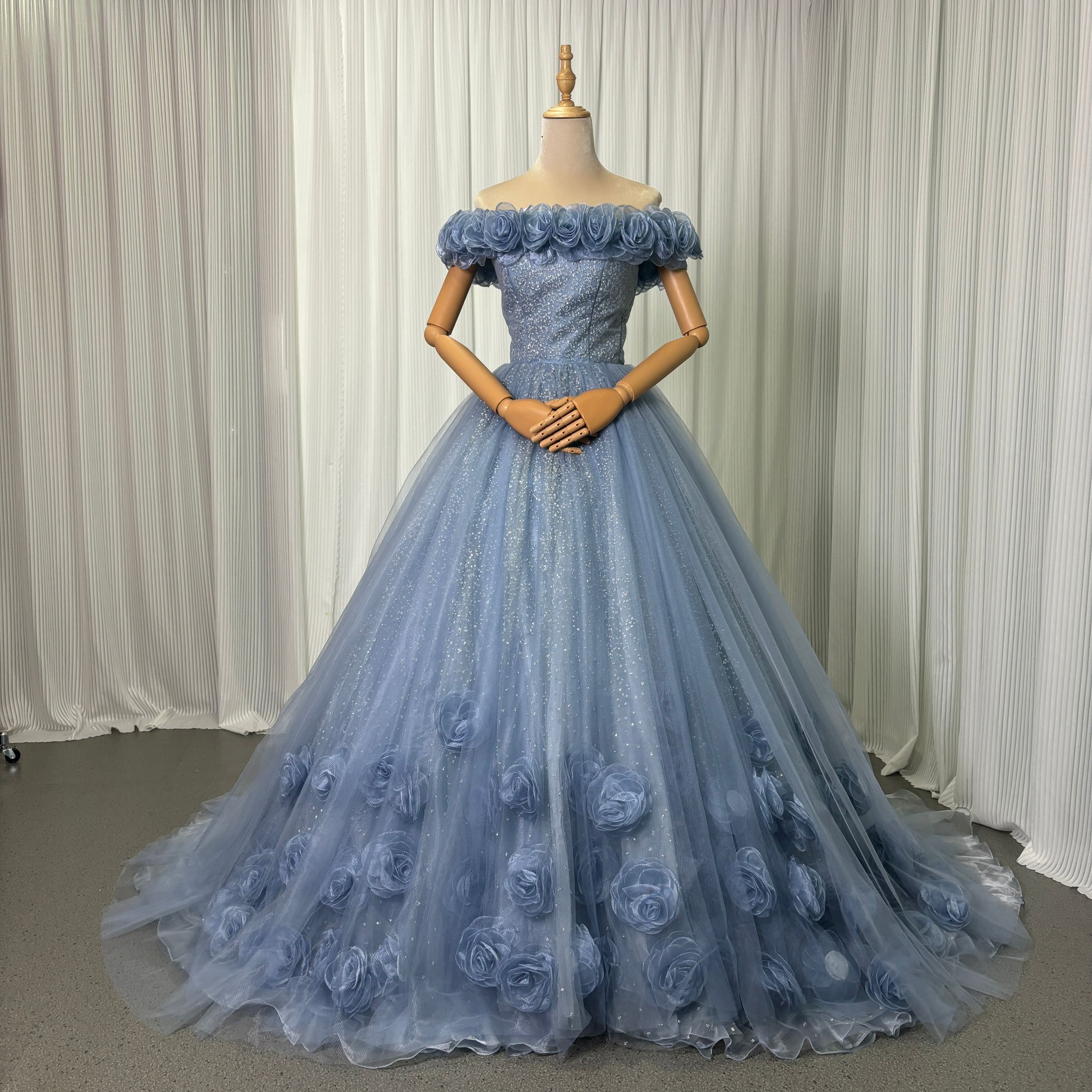 カラードレス ブルー 取り外しオフショルダー シークインチュール 花モチーフ 編み上げ 花嫁