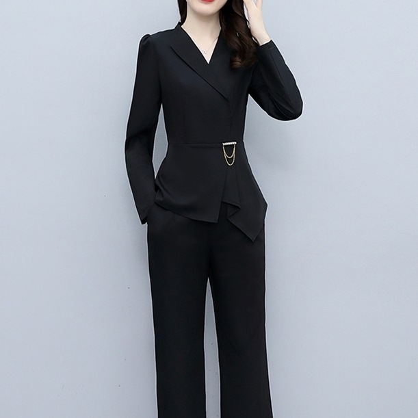 2点セット セットアップ 上下セット スーツセット 長袖 襟付き 前開きミディアム丈 ロングパンツ ストレートパンツ ポケット ハイウエスト かわいい 大人可愛い きれいめ シンプル 上品 おしゃれ