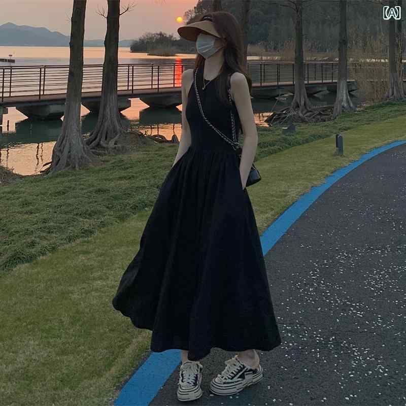 スカート　ドレス　ノースリーブ 女性用 黒の 長袖 ドレス 夏 春秋 フレンチ 風 ウエスト ベスト ノースリーブ サスペンダー ロング スカート