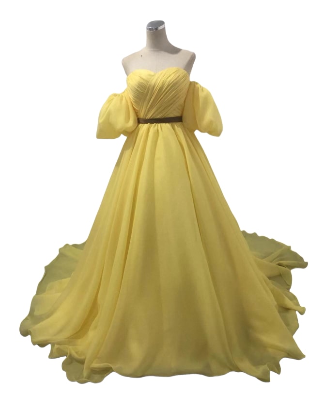 カラードレス イエロー 楊柳オーガンジー ベアトップ パフスリーブ 編み上げ 二次会
