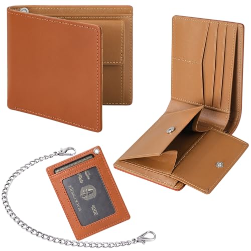 【GSG】財布 メンズ 2つ折り 栃木レザー 大容量 チェーン付き 財布 薄型 コンパクト 取り外しパスケース付き 本革 カードケース 定期入れ カード 人気ブランド ブラウン 24057