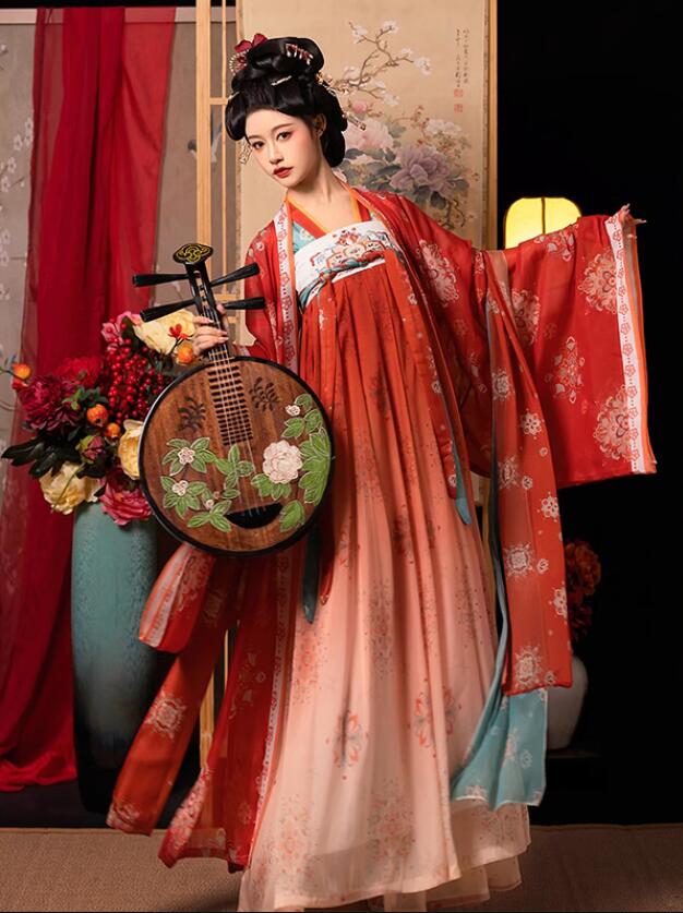 華やか漢服5点セット 振袖羽織 ストール2点 豪華 唐朝 宮廷 漢服衣装 皇后 貴妃 仮装 変装 チャイナ服 レディース 大人 中華衣装 中国古代服装 赤系 花プリント 二胡 箏 琵琶 古典演奏 吹奏