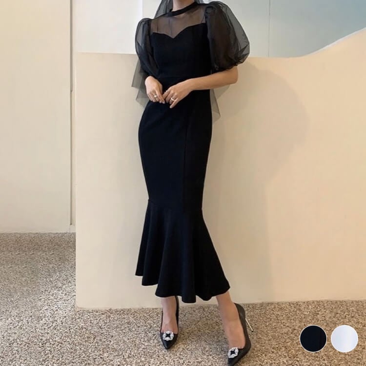 ドレス レディース 韓国 ロング ロングドレス マーメイド タイト ロング丈 セクシー チュール オーガンジー パフスリーブ おしゃれ エレガント