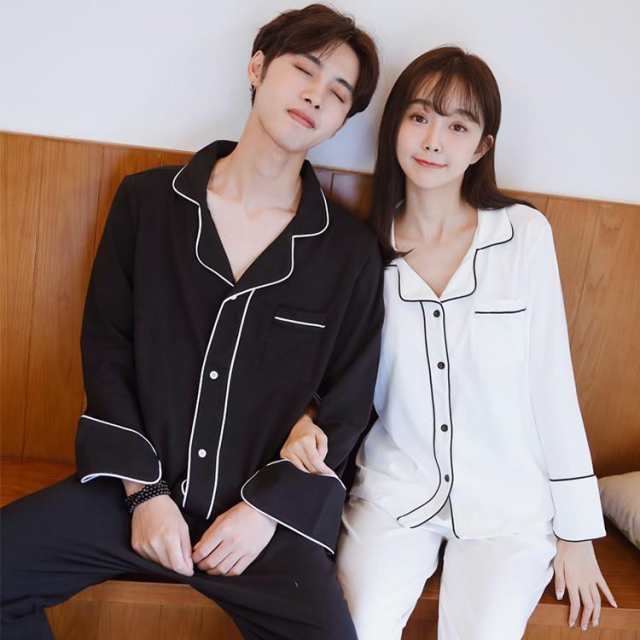 新品 ペアパジャマ カップルセットアップ 女性/男性 長袖 前開き 綿 パジャマ 春夏パジャマ フェイク 男女上下セット ルームウエア 部屋着 かわいい甘い