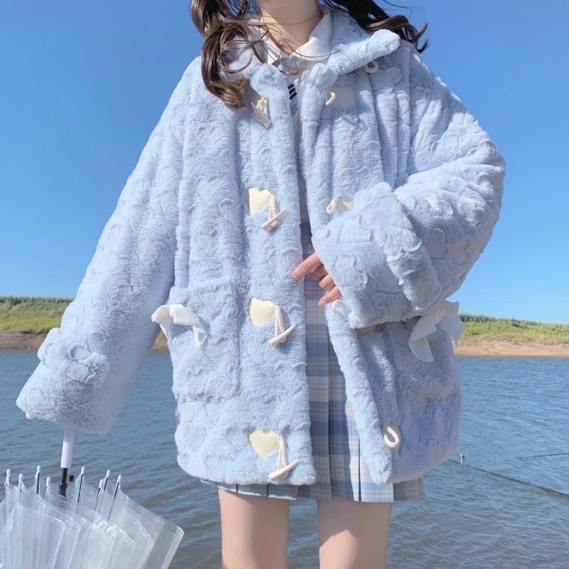 秋冬新作レディース暖かくてゆったりとしたカジュアルなハート型フリースコートリボンとホーンボタン付き