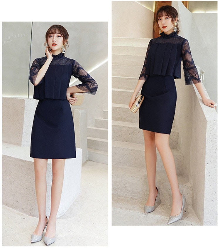 ネイビー/ブラック/グレー　アンブレラスリーブのミニドレス　長袖　二次会ドレス パーティードレス　パーティドレス　ミニ丈　フォーマルドレス　レース　ファスナータイプ ショート丈ワンピース 披露宴 女子